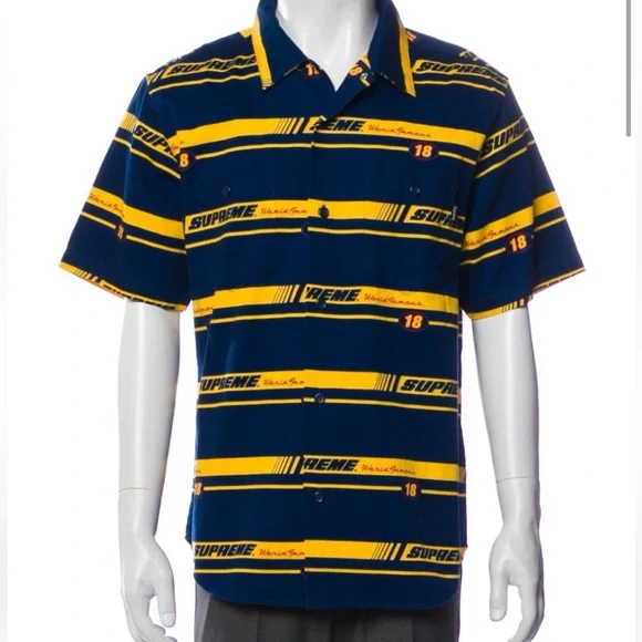 Supreme Navy and Yellow Striped Shirt racing work shirt